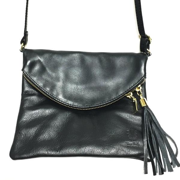 Black Leather Purse with tassel zipper, cross body strap