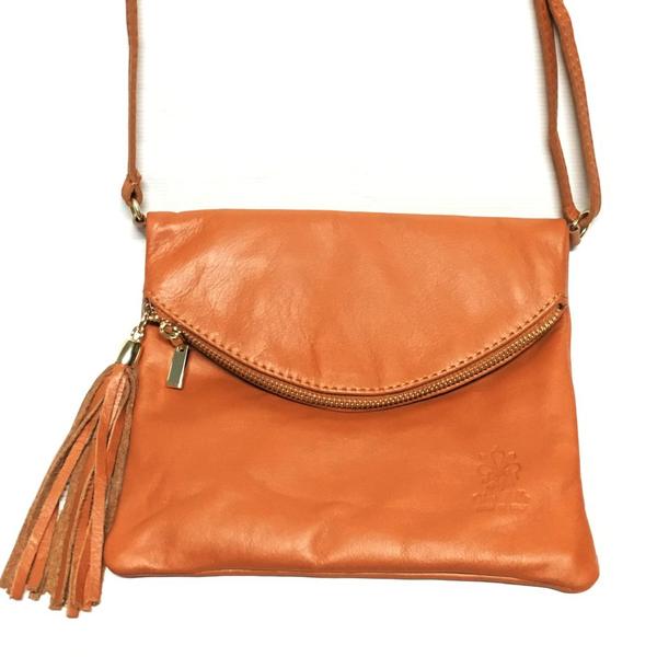 Brown Italian Leather Handbag with Tassel Zip