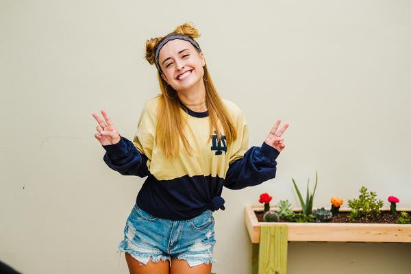 Navy blue beaded twist headband with gold crystals