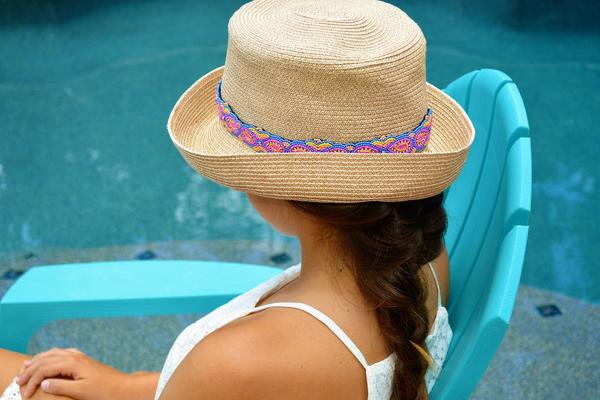 multi colored pastel beaded headband on hat