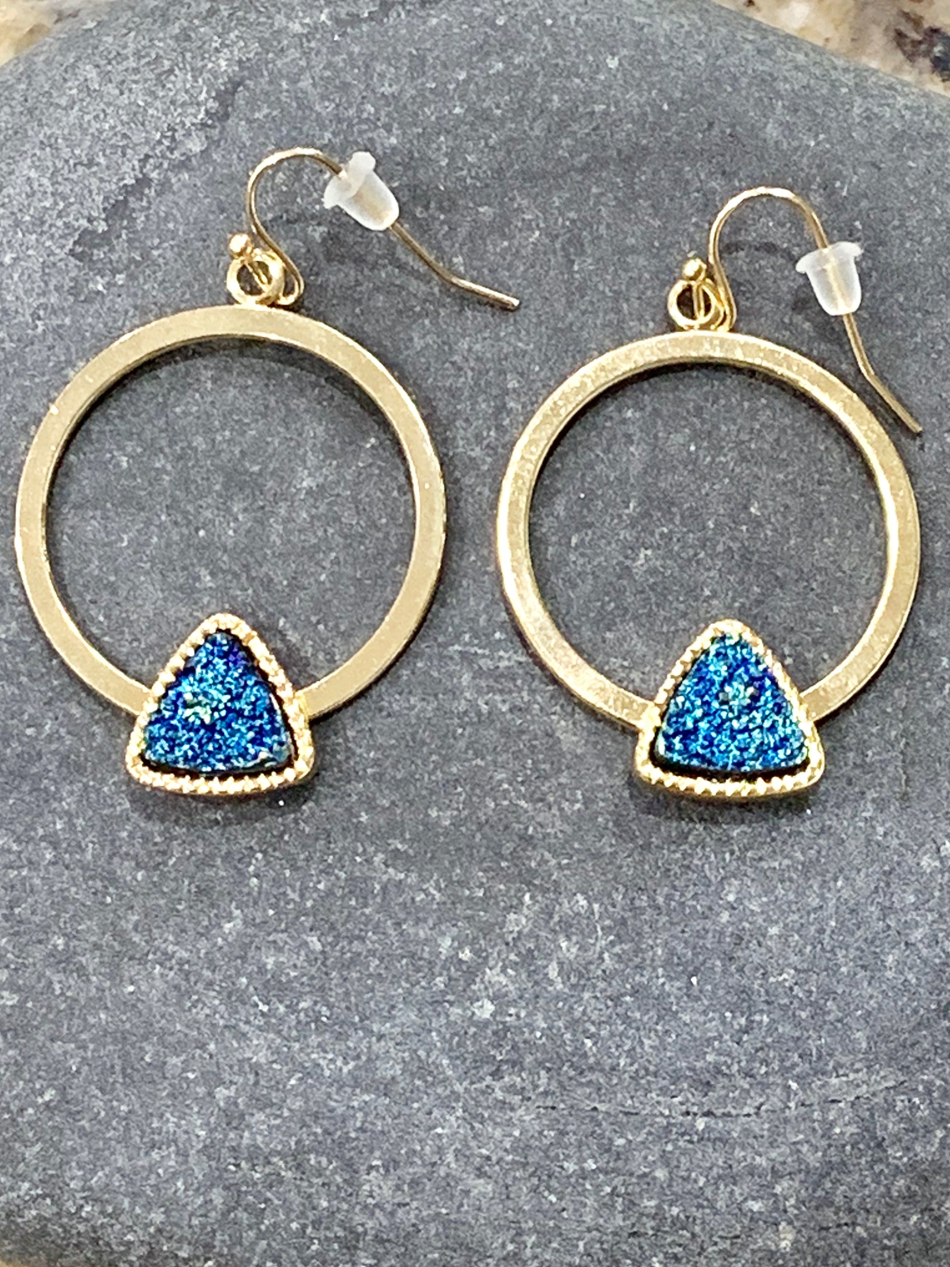 Blue hoop earrings, druzy earrings
