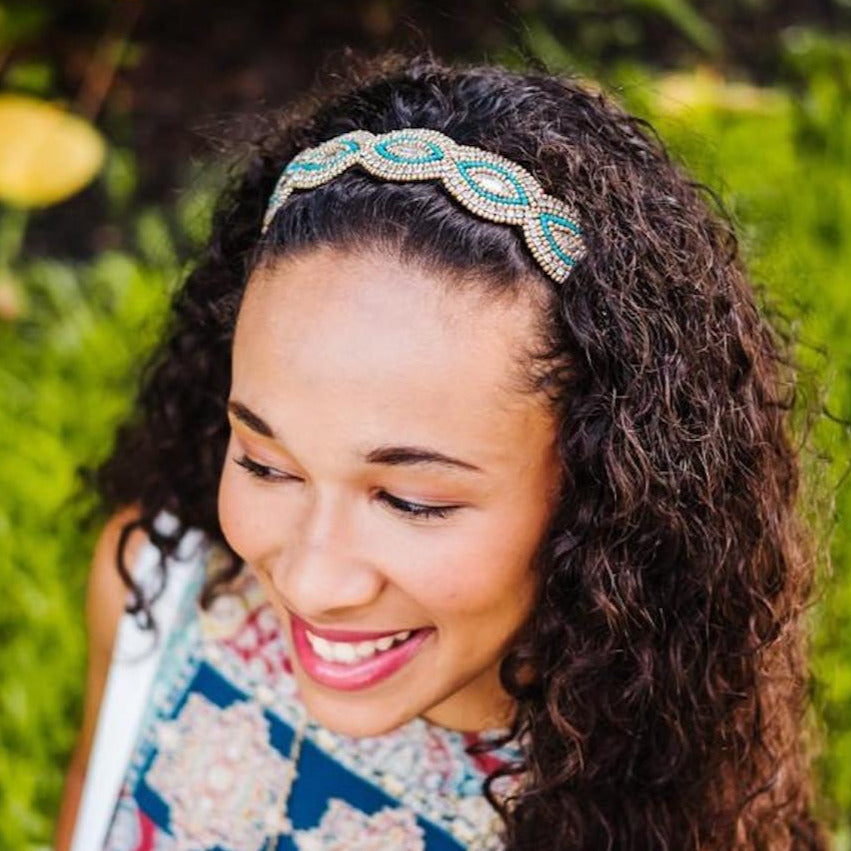 Turquoise and gold beaded headband