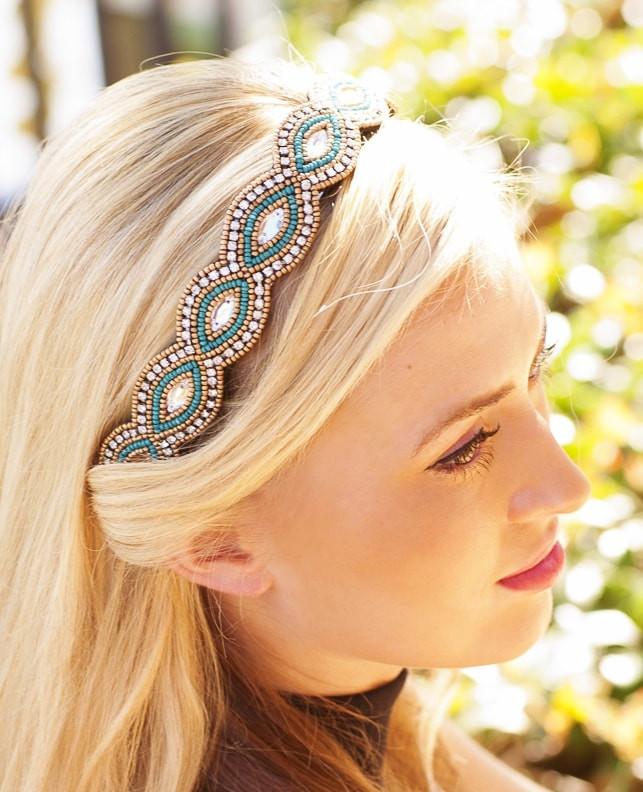 Alexa hand beaded headband in turquoise and gold