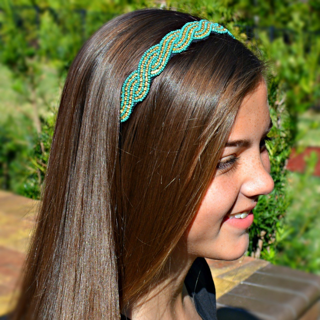 Baylie Beaded Headband - Green headband with gold crystals
