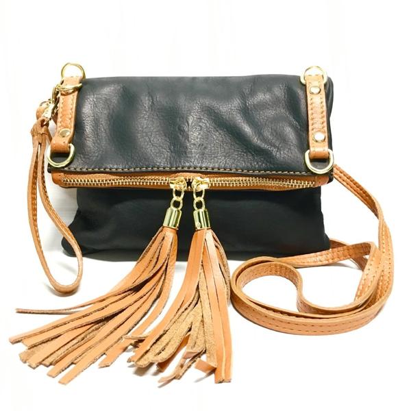 Black and Tan Leather Purse with tassels and zip front closure