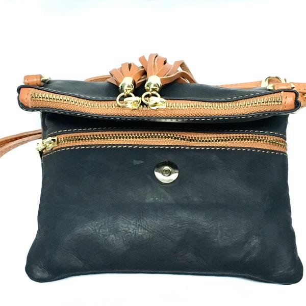 Leather Purse with dual pockets and tassel zipper, black and tan