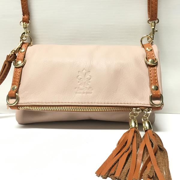 Blush Italian Leather Purse with tan straps, tassels and trim