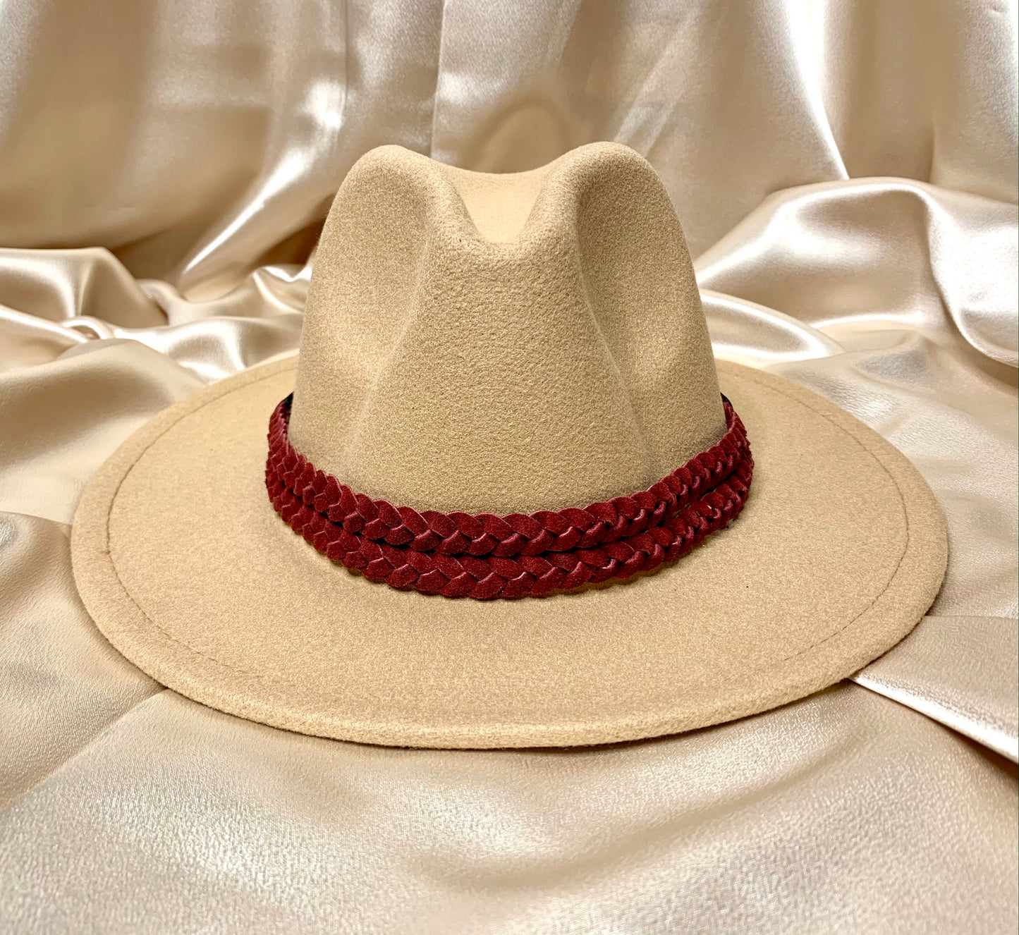 Double Braided Leather Hat Band - Burgundy Red