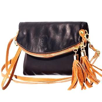Leather handbag, Cross Body handbag,  black Clutch,  Double Tassel Italian Leather Purse