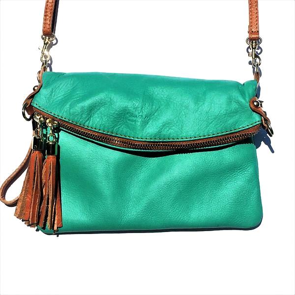 green leather handbag with tassels, italian leather handbag