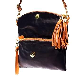 black handbag, black with tan leather tassels