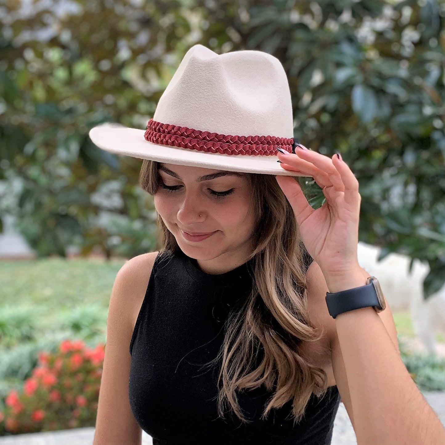 Double Braided Leather Hat Band - Burgundy Red