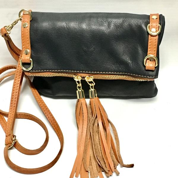 Tan and Black Leather Purse with tassels