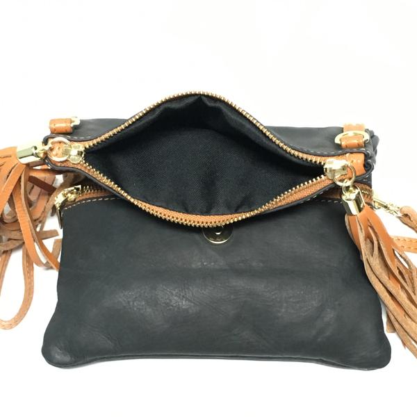 Soft Leather Purse with two zipper pockets, black and tan