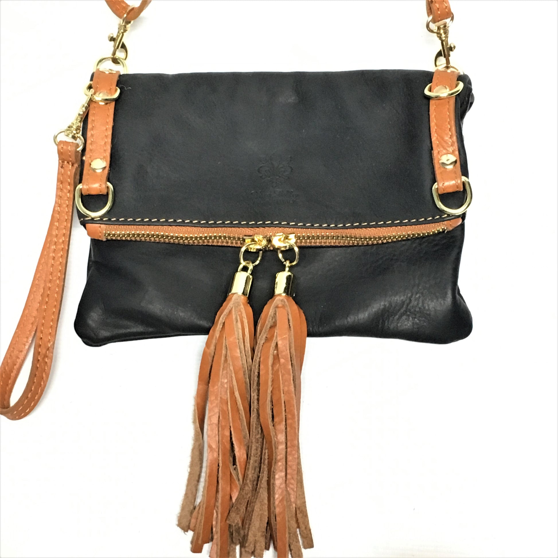 Italian Leather Crossbody Clutch Purse with straight flap and two tassels - Infinity Headbands by Ambrosia Designs