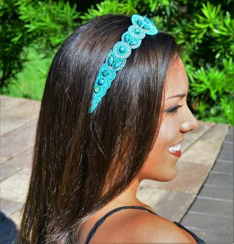 Viola Macey Rhinestone Headband in Turquoise | Groovy's | Turquoise Rhinestone Headband