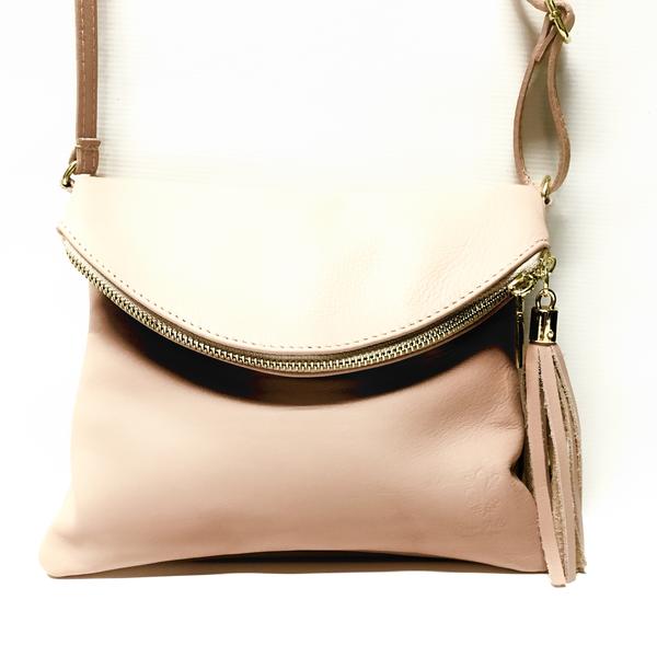Blush Leather Handbag with Zipper Closure Tassel
