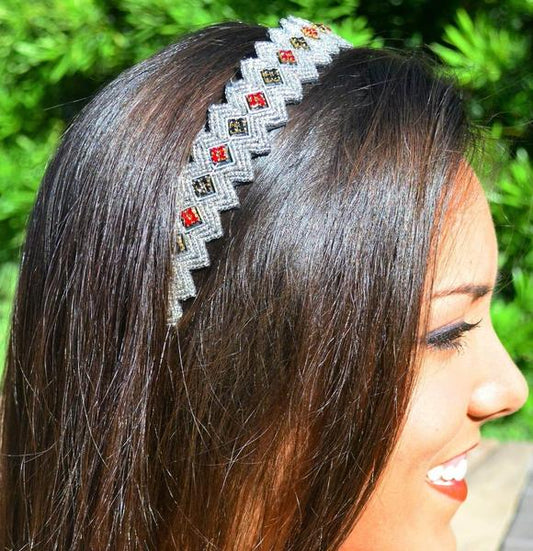 Julia Beaded Headband - Silver headband with red and black beads