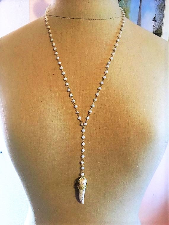white howlite rosary necklace, long beaded necklace, long white necklace