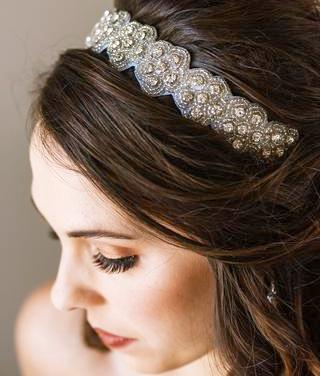 silver hand beaded couture headband in floral pattern