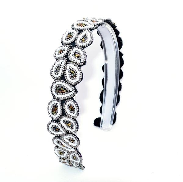 black white and silver colored beaded headband