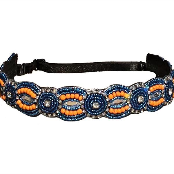 adjustable blue and orange beaded headband or hat band