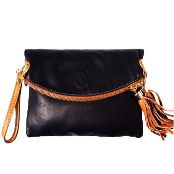 black leather handbag clutch with tassels