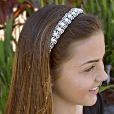 white pearl headband, thin beaded headband