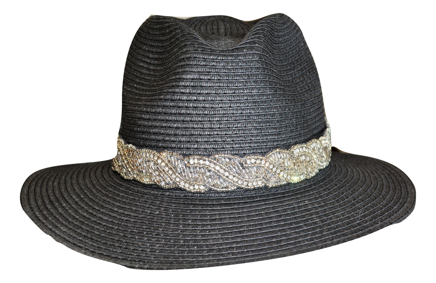 hand beaded crystal hat band on black hat