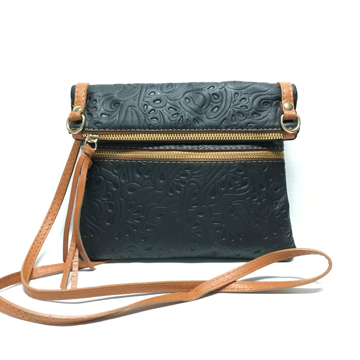 tooled black and tan italian leather purse