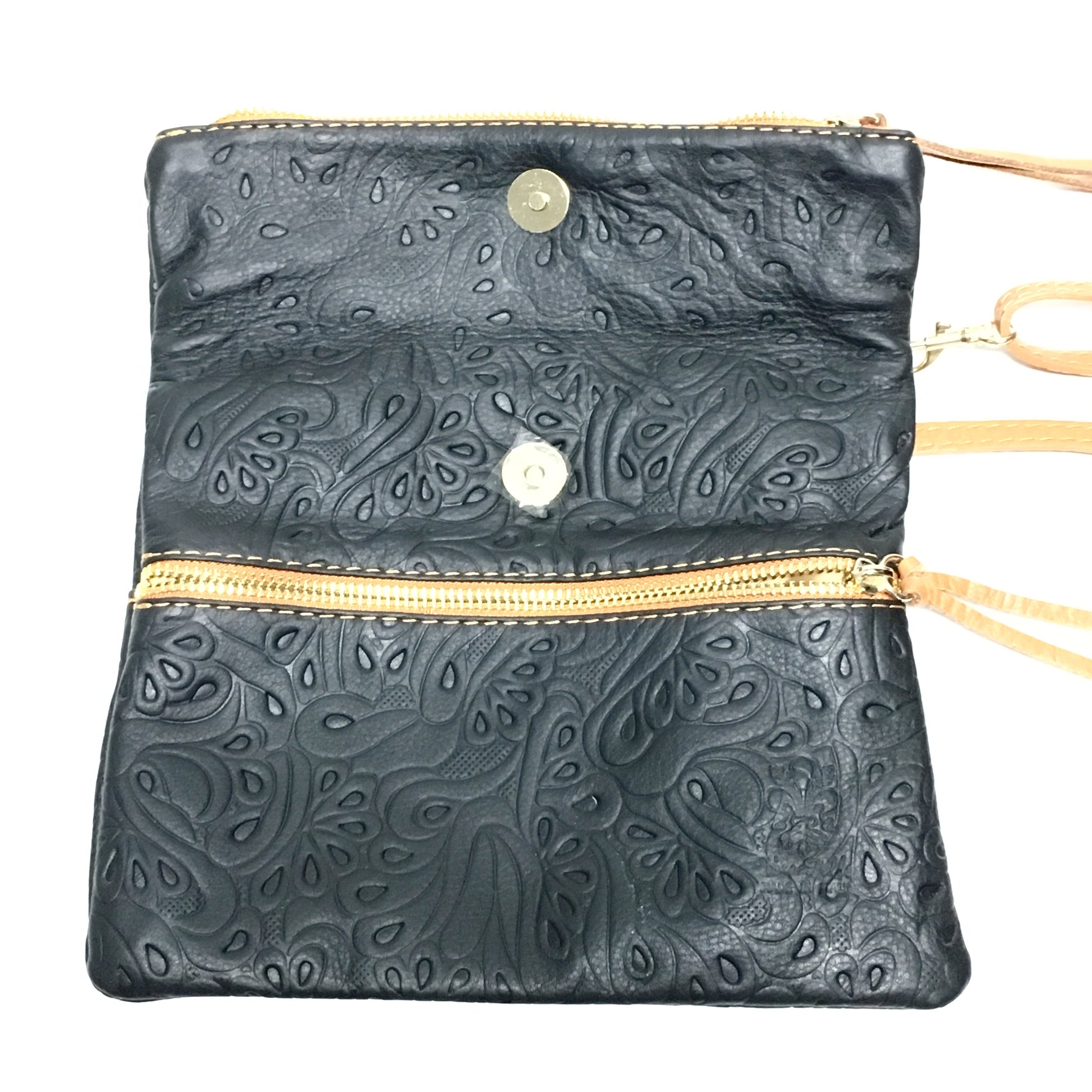 tooled black and tan italian leather purse open