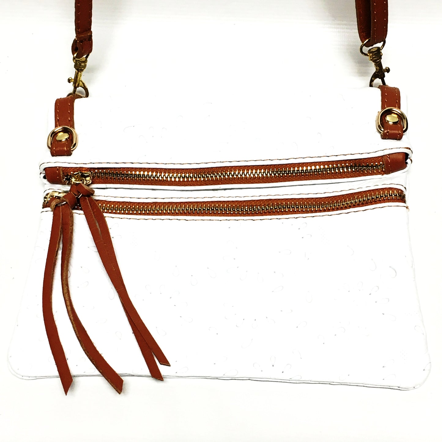 white and brown italian leather purse, tooled leather