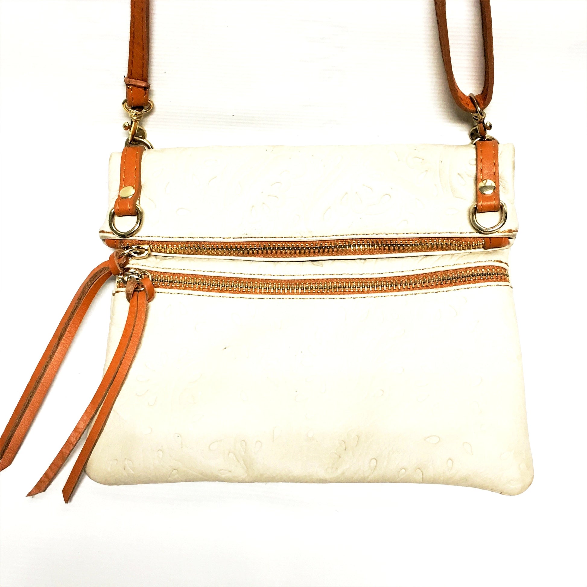 cream and tan italian leather purse, tooled italian leather